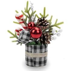 Imagem de Decoração artificial de mesa de árvore de Natal pequena, árvore de Natal em vaso xadrez com enfeites de bola de bengala doce para lareira de Natal, mesa de cornija, mesa de centro de mesa, decoração