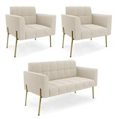 Imagem de Namoradeira e 2 Poltronas Pé de Ferro Dourado Elisa Bouclê Bege D03 - D`Rossi