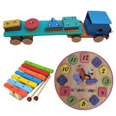 Imagem de Kit Brinquedo Educativo Madeira Carreta + Xilofone + Relógio