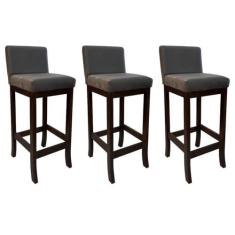 Imagem de Kit 3 Banquetas Alta Estofada de Madeira Capuccino Melody Suede Cinza