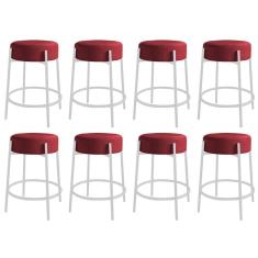 Imagem de Kit 08 Banquetas Alta Sintra 65cm Redonda Ferro Branco Suede Vermelho - Ahazzo Móveis