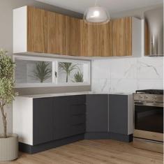 Imagem de Cozinha Modulada 6 Peças sem Tampo com Rodapé 3 Aéreos e 3 Balcões Ipanema Cabecasa Madeiramadeira Grafite Trama/Acácia