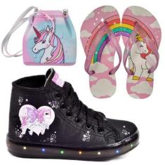 Imagem de Tênis Botinha Infantil Feminino De Led Unicórnio Cano Alto + Chinelo +