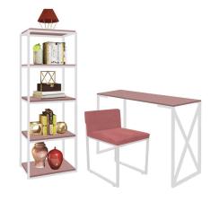 Imagem de Kit Escritório Bex 1 Cadeira Suede Rose com 1 Mesa e 1 Livreiro Ferro Branco MDF Rose Rosa - Ahazzo Móveis