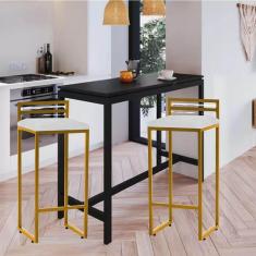Imagem de Kit 02 Banqueta Alta Com Encosto Petra Balcão Bar Cozinha Bistrô Ferro Dourado Suede Branco - Ahazzo Móveis