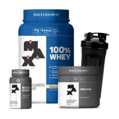 Imagem de Combo Whey 100% 900g, BCAA 60 Caps, Creatina 150g e Coqueteleira - Max Titanium-Unissex