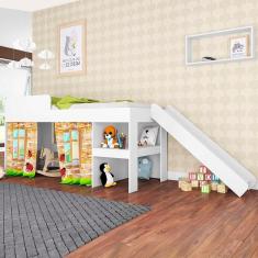 Imagem de Cama Cabaninha com Escorregador e Colchão Solteiro Branco Diversão Kids Jm Móveis