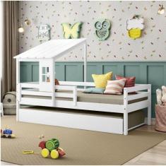 Imagem de Bicama Solteiro Infantil Prime com Telhadinho II e Grade de Proteção em Madeira Maciça Casatema Branco