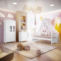 Imagem de Quarto de Bebê Guarda Roupa 3 Portas Cômoda com Fraldário Ariel Cama da Babá Júlia Branco Carolina Baby