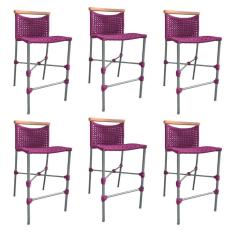 Imagem de Kit 6 Banquetas Anne em Corda Náutica Base em Alumínio Cinza com Detalhe em Madeira Rosa