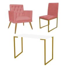 Imagem de Kit Escritório Stan Poltrona Maria e Cadeira e Mesa Industrial Branco Dourado Suede Rose Gold - Ahz Móveis