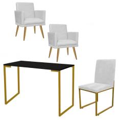 Imagem de Kit Escritório Stan 2 Poltronas Rodapé com Cadeira e Mesa Industrial Preto Dourado Corino Branco - Ahz Móveis