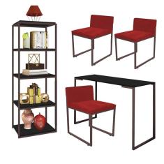 Imagem de Kit Escritório Ravi 3 Cadeiras Suede Vermelho com 1 Mesa e 1 Livreiro Ferro Marrom MDF Preto - Ahazzo Móveis