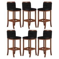 Imagem de Kit 6 Banquetas Alta Encosto Estofado 38x102 Cm Turim Madeira Maciça Castanho Suede Preto CCS