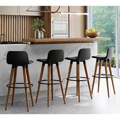 Imagem de KIT 4 BANQUETAS ALTAS LUXO VERSATIL AÇO PRETO LINHO PRETO BASE CARVALHO