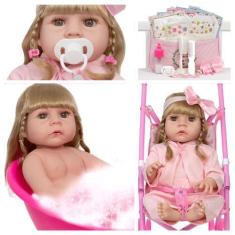Imagem de Bebe Reborn Loira 46cm Enxoval Completo Carrinho Infantil - Cegonha Re