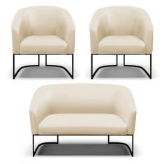 Imagem de Sofá Namoradeira e 2 Poltronas Base Industrial Preto Stella Corino D03 - D'Rossi