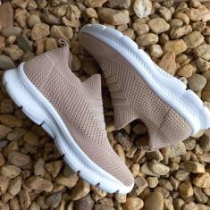 Imagem de Tênis Feminino Meia Malha Knit Nude Bege Sem Cadarço Confort