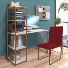 Imagem de Kit Escritório Mesa Max BeX 5 Prateleiras e Cadeira Stan Bronze Tampo Branco Suede Vermelho - Ahz Móveis