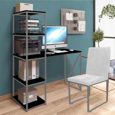Imagem de Kit Escritório Mesa Max BeX 5 Prateleiras e Cadeira Stan Prata Tampo Preto Corino Branco - Ahz Móveis