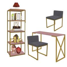 Imagem de Kit Escritório Bex 2 Cadeiras Suede Cinza com 1 Mesa e 1 Livreiro Ferro Dourado MDF Rose Rosa - Ahazzo Móveis