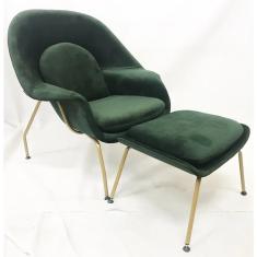 Imagem de Poltrona Womb Chair com puff tecido Veludo Verde Militar Base cor Mostarda - Poltronas do Sul