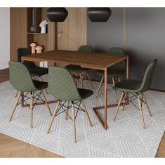 Imagem de Mesa Industrial Retangular Amêndoa Base V Cobre 137x90cm com 6 Cadeiras Madeira Estofadas Verdes