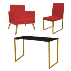 Imagem de Kit Escritório Stan Poltrona Maria com Cadeira e Mesa Industrial Preto Dourado Tecido Sintético Vermelho - Ahz Móveis