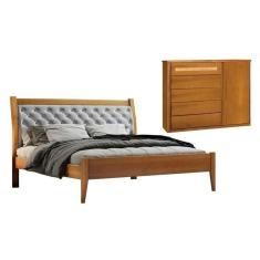 Imagem de Conjunto Quarto de Casal Cama Queen 160cm e Cômoda Rattan 5 Gavetas com Sapateira Unique Amêndoa Mel/Cinza Claro