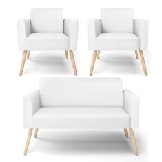 Imagem de Sofá Namoradeira Com 2 Poltronas Pés Palito Natural Marisa Corino Branco D03 - D`rossi