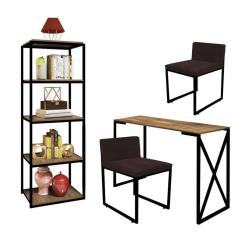 Imagem de Kit Escritório Bex 2 Cadeiras Suede Marrom com 1 Mesa e 1 Livreiro Ferro Preto MDF Freijó - Ahazzo Móveis