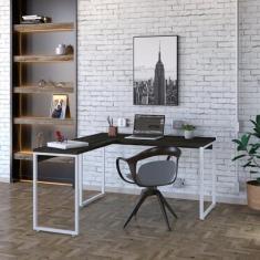 Imagem de Mesa de Escritório em L Estilo Industrial 135x150cm Kuadra Carvalho Dark/Est.Branca