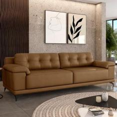 Imagem de Sofá Living 3 lugares 212cm Agostino Pés Design em Ferro Couro Caramelo G52 - Gran Belo