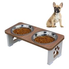 Imagem de Comedouro Bebedouro Cachorro Duplo Elevado Pet Mdf - Inox - Maderacco