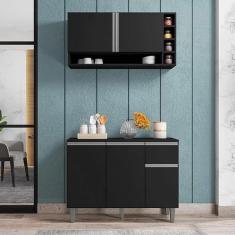 Imagem de Balcão De Cozinha Armário Aéreo Vanessa Preto Fosco - Móveis Leartam