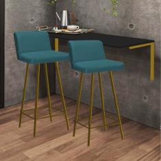 Imagem de Kit Mesa Suspensa de Parede Fixa MDF Preto + 2 Banquetas Lexi Ferro Dourado Suede Azul Turquesa - Ahazzo Móveis