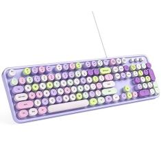 Imagem de MOWUX Teclado de computador com fio, teclado de máquina de escrever USB retrô redondo Plug and Play, teclado com fio de tamanho completo com suportes dobráveis para laptop e PC de escritório - roxo