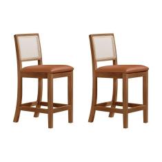 Imagem de Kit 2 Banquetas Altas Luxo Tela Sextavadas Assento Estofado Couro Pu Caramelo Rubi Madeira Maciça Im