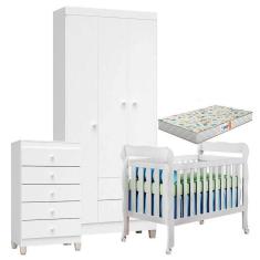 Imagem de Quarto de Bebê 3 Portas com Gaveteiro Ternura Baby e Berço Lila Branco Brilho com Colchão Gazin - Incorplac
