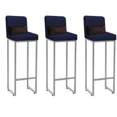 Imagem de Kit 03 Banqueta Alta com Encosto Lucca Industrial Cozinha Balcão Ferro Cinza Suede Azul Marinho e Almofada Marrom - Ahazzo Móveis