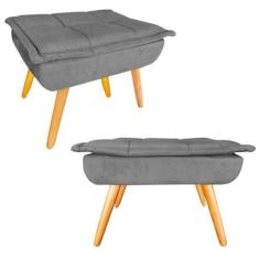 Imagem de Kit 02 Puff Banqueta Opala Suede Cinza Grafite Pés Castanho Retrô para