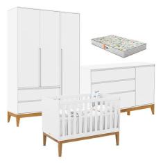 Imagem de Quarto De Bebê Nature Clean 3 Portas Com Berço Unique Branco Soft Eco Wood E Colchão Gazin - Matic