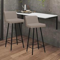 Imagem de Kit Mesa Suspensa de Parede Fixa mdf Branco + 2 Banquetas Lexi Ferro Preto Suede Bege - Ahazzo Móveis