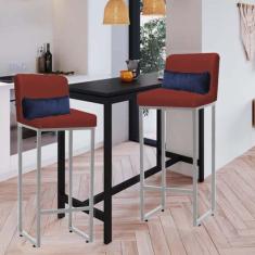 Imagem de Kit 02 Banqueta Alta com Encosto Lucca Industrial Cozinha Balcão Ferro Prata Suede Vermelho e Almofada Azul Marinho - Ahazzo Móveis