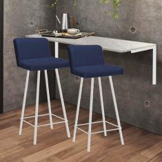 Imagem de Kit Mesa Suspensa de Parede Fixa MDF Marmorizado + 2 Banquetas Lexi Ferro Branco Sintético Azul Marinho - Ahazzo Móveis