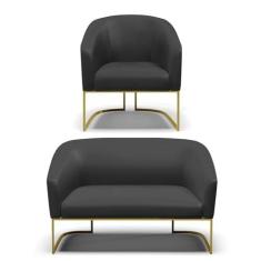 Imagem de Sofá Namoradeira e Poltrona Base Industrial Dourado Stella Corino D03 - D'Rossi