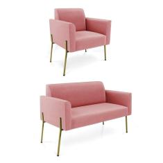 Imagem de Sofá Namoradeira E Poltrona Pé De Ferro Dourado Marisa Suede D03 - D'rossi Cor Rose