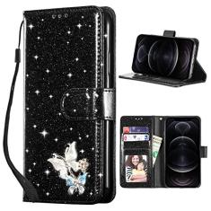 Imagem de UEEBAI Capa carteira para iPhone 14 Pro Max de 6,7 polegadas, capa de telefone premium de couro PU com glitter com compartimentos para cartões, capa com fecho magnético, capa para bolsa de mão à prova