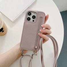 Imagem de Carteira com zíper espelho de maquiagem capa de telefone com cordão crossbody para iPhone 14 Pro Max 13 12 11 XR XS 7 8 Plus capa de couro com bolso para cartão, roxo claro, para iPhone 12 Mini