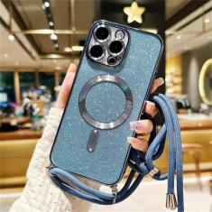 Imagem de Capa magnética com cordão crossbody brilhante para iPhone 15 14 Plus 13 12 11 Pro Max Capa traseira de TPU macio galvanizado, azul Sierra, para iPhone 11Pro Max